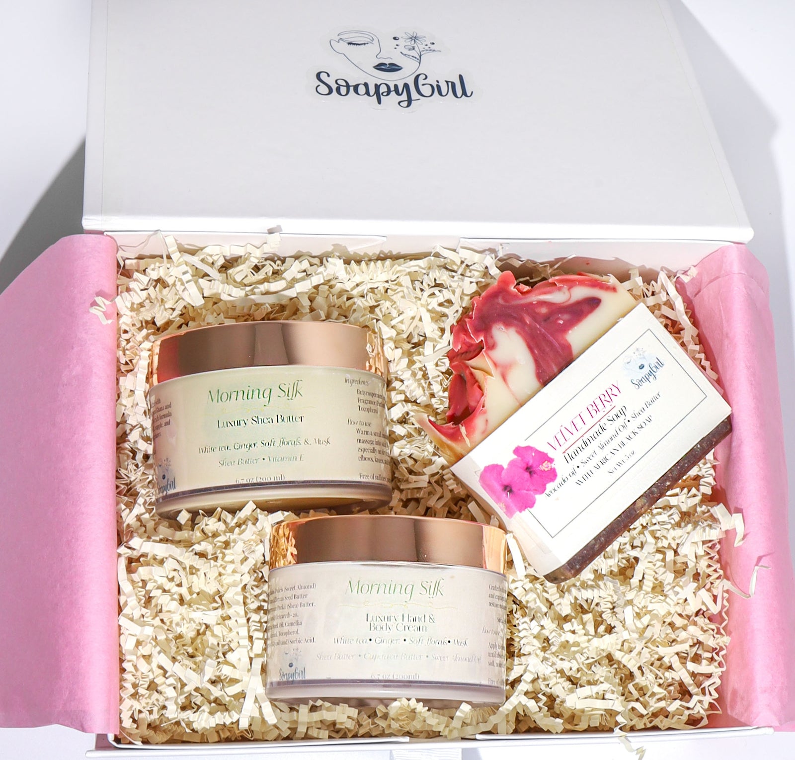 Gift set with 'Morning Silk' products and a soap in a 'SoapyGirl' branded box.